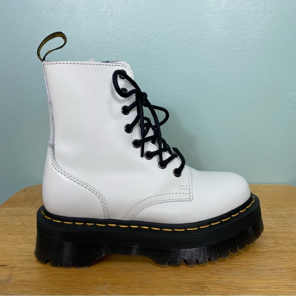 Dr. Martens White Leather Platform Combat Boot with Black Laces
